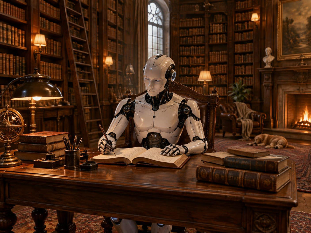 AI robot writing notes in a book in an old library